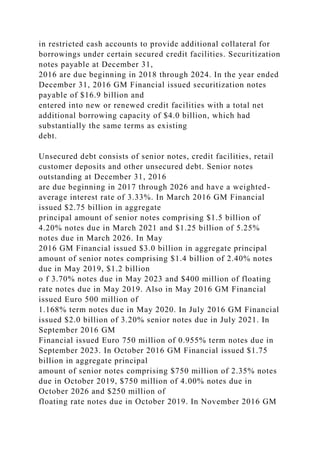in restricted cash accounts to provide additional collateral for
borrowings under certain secured credit facilities. Securitization
notes payable at December 31,
2016 are due beginning in 2018 through 2024. In the year ended
December 31, 2016 GM Financial issued securitization notes
payable of $16.9 billion and
entered into new or renewed credit facilities with a total net
additional borrowing capacity of $4.0 billion, which had
substantially the same terms as existing
debt.
Unsecured debt consists of senior notes, credit facilities, retail
customer deposits and other unsecured debt. Senior notes
outstanding at December 31, 2016
are due beginning in 2017 through 2026 and have a weighted-
average interest rate of 3.33%. In March 2016 GM Financial
issued $2.75 billion in aggregate
principal amount of senior notes comprising $1.5 billion of
4.20% notes due in March 2021 and $1.25 billion of 5.25%
notes due in March 2026. In May
2016 GM Financial issued $3.0 billion in aggregate principal
amount of senior notes comprising $1.4 billion of 2.40% notes
due in May 2019, $1.2 billion
o f 3.70% notes due in May 2023 and $400 million of floating
rate notes due in May 2019. Also in May 2016 GM Financial
issued Euro 500 million of
1.168% term notes due in May 2020. In July 2016 GM Financial
issued $2.0 billion of 3.20% senior notes due in July 2021. In
September 2016 GM
Financial issued Euro 750 million of 0.955% term notes due in
September 2023. In October 2016 GM Financial issued $1.75
billion in aggregate principal
amount of senior notes comprising $750 million of 2.35% notes
due in October 2019, $750 million of 4.00% notes due in
October 2026 and $250 million of
floating rate notes due in October 2019. In November 2016 GM
 