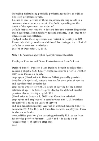 including maintaining portfolio performance ratios as well as
limits on deferment levels.
Failure to meet certain of these requirements may result in a
covenant violation or an event of default depending on the
terms of the agreement. An event of
default may allow lenders to declare amounts outstanding under
these agreements immediately due and payable, to enforce their
interests against collateral
pledged under these agreements or restrict our ability or GM
Financial's ability to obtain additional borrowings. No technical
defaults or covenant violations
existed at December 31, 2016.
Note 14. Pensions and Other Postretirement Benefits
Employee Pension and Other Postretirement Benefit Plans
Defined Benefit Pension Plans Defined benefit pension plans
covering eligible U.S. hourly employees (hired prior to October
2007) and Canadian hourly
employees (hired prior to October 2016) generally provide
benefits of negotiated, stated amounts for each year of service
and supplemental benefits for
employees who retire with 30 years of service before normal
retirement age. The benefits provided by the defined benefit
pension plans covering eligible U.S.
(hired prior to January 1, 2001) and Canadian salaried
employees and employees in certain other non-U.S. locations
are generally based on years of service
and compensation history. Accrual of defined pension benefits
ceased in 2012 for U.S. and Canadian salaried employees. There
is also an unfunded
nonqualified pension plan covering primarily U.S. executives
for service prior to January 1, 2007 and it is based on an
“excess plan” for service after that
date.
 