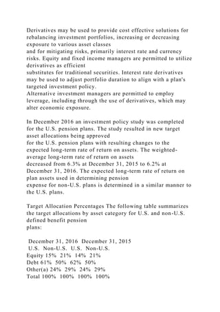 Derivatives may be used to provide cost effective solutions for
rebalancing investment portfolios, increasing or decreasing
exposure to various asset classes
and for mitigating risks, primarily interest rate and currency
risks. Equity and fixed income managers are permitted to utilize
derivatives as efficient
substitutes for traditional securities. Interest rate derivatives
may be used to adjust portfolio duration to align with a plan's
targeted investment policy.
Alternative investment managers are permitted to employ
leverage, including through the use of derivatives, which may
alter economic exposure.
In December 2016 an investment policy study was completed
for the U.S. pension plans. The study resulted in new target
asset allocations being approved
for the U.S. pension plans with resulting changes to the
expected long-term rate of return on assets. The weighted-
average long-term rate of return on assets
decreased from 6.3% at December 31, 2015 to 6.2% at
December 31, 2016. The expected long-term rate of return on
plan assets used in determining pension
expense for non-U.S. plans is determined in a similar manner to
the U.S. plans.
Target Allocation Percentages The following table summarizes
the target allocations by asset category for U.S. and non-U.S.
defined benefit pension
plans:
December 31, 2016 December 31, 2015
U.S. Non-U.S. U.S. Non-U.S.
Equity 15% 21% 14% 21%
Debt 61% 50% 62% 50%
Other(a) 24% 29% 24% 29%
Total 100% 100% 100% 100%
 