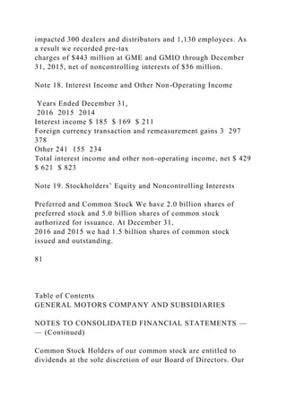impacted 300 dealers and distributors and 1,130 employees. As
a result we recorded pre-tax
charges of $443 million at GME and GMIO through December
31, 2015, net of noncontrolling interests of $56 million.
Note 18. Interest Income and Other Non-Operating Income
Years Ended December 31,
2016 2015 2014
Interest income $ 185 $ 169 $ 211
Foreign currency transaction and remeasurement gains 3 297
378
Other 241 155 234
Total interest income and other non-operating income, net $ 429
$ 621 $ 823
Note 19. Stockholders’ Equity and Noncontrolling Interests
Preferred and Common Stock We have 2.0 billion shares of
preferred stock and 5.0 billion shares of common stock
authorized for issuance. At December 31,
2016 and 2015 we had 1.5 billion shares of common stock
issued and outstanding.
81
Table of Contents
GENERAL MOTORS COMPANY AND SUBSIDIARIES
NOTES TO CONSOLIDATED FINANCIAL STATEMENTS —
— (Continued)
Common Stock Holders of our common stock are entitled to
dividends at the sole discretion of our Board of Directors. Our
 