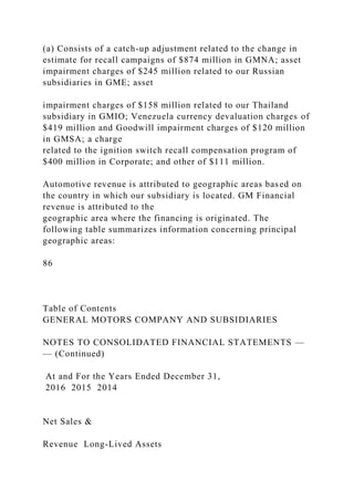 (a) Consists of a catch-up adjustment related to the change in
estimate for recall campaigns of $874 million in GMNA; asset
impairment charges of $245 million related to our Russian
subsidiaries in GME; asset
impairment charges of $158 million related to our Thailand
subsidiary in GMIO; Venezuela currency devaluation charges of
$419 million and Goodwill impairment charges of $120 million
in GMSA; a charge
related to the ignition switch recall compensation program of
$400 million in Corporate; and other of $111 million.
Automotive revenue is attributed to geographic areas based on
the country in which our subsidiary is located. GM Financial
revenue is attributed to the
geographic area where the financing is originated. The
following table summarizes information concerning principal
geographic areas:
86
Table of Contents
GENERAL MOTORS COMPANY AND SUBSIDIARIES
NOTES TO CONSOLIDATED FINANCIAL STATEMENTS —
— (Continued)
At and For the Years Ended December 31,
2016 2015 2014
Net Sales &
Revenue Long-Lived Assets
 