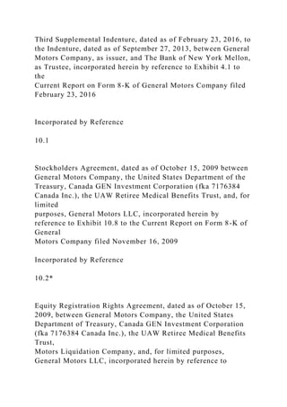 Third Supplemental Indenture, dated as of February 23, 2016, to
the Indenture, dated as of September 27, 2013, between General
Motors Company, as issuer, and The Bank of New York Mellon,
as Trustee, incorporated herein by reference to Exhibit 4.1 to
the
Current Report on Form 8-K of General Motors Company filed
February 23, 2016
Incorporated by Reference
10.1
Stockholders Agreement, dated as of October 15, 2009 between
General Motors Company, the United States Department of the
Treasury, Canada GEN Investment Corporation (fka 7176384
Canada Inc.), the UAW Retiree Medical Benefits Trust, and, for
limited
purposes, General Motors LLC, incorporated herein by
reference to Exhibit 10.8 to the Current Report on Form 8-K of
General
Motors Company filed November 16, 2009
Incorporated by Reference
10.2*
Equity Registration Rights Agreement, dated as of October 15,
2009, between General Motors Company, the United States
Department of Treasury, Canada GEN Investment Corporation
(fka 7176384 Canada Inc.), the UAW Retiree Medical Benefits
Trust,
Motors Liquidation Company, and, for limited purposes,
General Motors LLC, incorporated herein by reference to
 