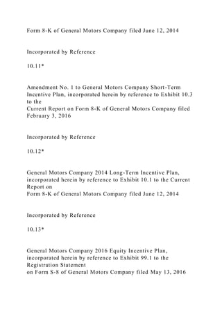 Form 8-K of General Motors Company filed June 12, 2014
Incorporated by Reference
10.11*
Amendment No. 1 to General Motors Company Short-Term
Incentive Plan, incorporated herein by reference to Exhibit 10.3
to the
Current Report on Form 8-K of General Motors Company filed
February 3, 2016
Incorporated by Reference
10.12*
General Motors Company 2014 Long-Term Incentive Plan,
incorporated herein by reference to Exhibit 10.1 to the Current
Report on
Form 8-K of General Motors Company filed June 12, 2014
Incorporated by Reference
10.13*
General Motors Company 2016 Equity Incentive Plan,
incorporated herein by reference to Exhibit 99.1 to the
Registration Statement
on Form S-8 of General Motors Company filed May 13, 2016
 