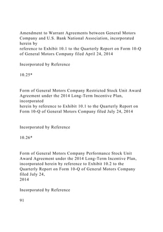 Amendment to Warrant Agreements between General Motors
Company and U.S. Bank National Association, incorporated
herein by
reference to Exhibit 10.1 to the Quarterly Report on Form 10-Q
of General Motors Company filed April 24, 2014
Incorporated by Reference
10.25*
Form of General Motors Company Restricted Stock Unit Award
Agreement under the 2014 Long-Term Incentive Plan,
incorporated
herein by reference to Exhibit 10.1 to the Quarterly Report on
Form 10-Q of General Motors Company filed July 24, 2014
Incorporated by Reference
10.26*
Form of General Motors Company Performance Stock Unit
Award Agreement under the 2014 Long-Term Incentive Plan,
incorporated herein by reference to Exhibit 10.2 to the
Quarterly Report on Form 10-Q of General Motors Company
filed July 24,
2014
Incorporated by Reference
91
 