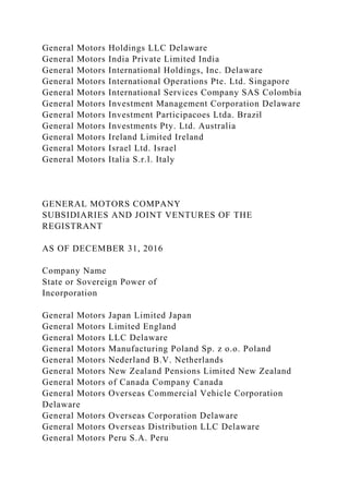 General Motors Holdings LLC Delaware
General Motors India Private Limited India
General Motors International Holdings, Inc. Delaware
General Motors International Operations Pte. Ltd. Singapore
General Motors International Services Company SAS Colombia
General Motors Investment Management Corporation Delaware
General Motors Investment Participacoes Ltda. Brazil
General Motors Investments Pty. Ltd. Australia
General Motors Ireland Limited Ireland
General Motors Israel Ltd. Israel
General Motors Italia S.r.l. Italy
GENERAL MOTORS COMPANY
SUBSIDIARIES AND JOINT VENTURES OF THE
REGISTRANT
AS OF DECEMBER 31, 2016
Company Name
State or Sovereign Power of
Incorporation
General Motors Japan Limited Japan
General Motors Limited England
General Motors LLC Delaware
General Motors Manufacturing Poland Sp. z o.o. Poland
General Motors Nederland B.V. Netherlands
General Motors New Zealand Pensions Limited New Zealand
General Motors of Canada Company Canada
General Motors Overseas Commercial Vehicle Corporation
Delaware
General Motors Overseas Corporation Delaware
General Motors Overseas Distribution LLC Delaware
General Motors Peru S.A. Peru
 