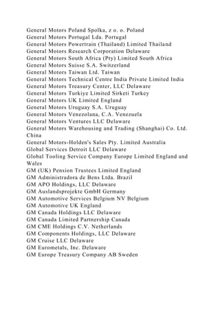 General Motors Poland Spolka, z o. o. Poland
General Motors Portugal Lda. Portugal
General Motors Powertrain (Thailand) Limited Thailand
General Motors Research Corporation Delaware
General Motors South Africa (Pty) Limited South Africa
General Motors Suisse S.A. Switzerland
General Motors Taiwan Ltd. Taiwan
General Motors Technical Centre India Private Limited India
General Motors Treasury Center, LLC Delaware
General Motors Turkiye Limited Sirketi Turkey
General Motors UK Limited England
General Motors Uruguay S.A. Uruguay
General Motors Venezolana, C.A. Venezuela
General Motors Ventures LLC Delaware
General Motors Warehousing and Trading (Shanghai) Co. Ltd.
China
General Motors-Holden's Sales Pty. Limited Australia
Global Services Detroit LLC Delaware
Global Tooling Service Company Europe Limited England and
Wales
GM (UK) Pension Trustees Limited England
GM Administradora de Bens Ltda. Brazil
GM APO Holdings, LLC Delaware
GM Auslandsprojekte GmbH Germany
GM Automotive Services Belgium NV Belgium
GM Automotive UK England
GM Canada Holdings LLC Delaware
GM Canada Limited Partnership Canada
GM CME Holdings C.V. Netherlands
GM Components Holdings, LLC Delaware
GM Cruise LLC Delaware
GM Eurometals, Inc. Delaware
GM Europe Treasury Company AB Sweden
 