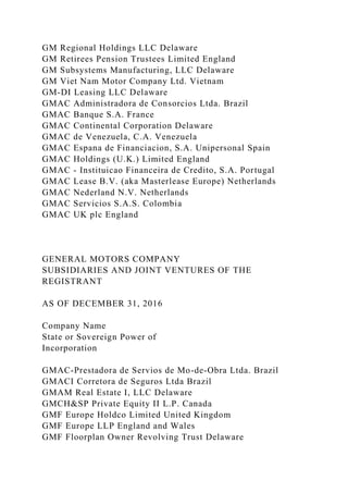 GM Regional Holdings LLC Delaware
GM Retirees Pension Trustees Limited England
GM Subsystems Manufacturing, LLC Delaware
GM Viet Nam Motor Company Ltd. Vietnam
GM-DI Leasing LLC Delaware
GMAC Administradora de Consorcios Ltda. Brazil
GMAC Banque S.A. France
GMAC Continental Corporation Delaware
GMAC de Venezuela, C.A. Venezuela
GMAC Espana de Financiacion, S.A. Unipersonal Spain
GMAC Holdings (U.K.) Limited England
GMAC - Instituicao Financeira de Credito, S.A. Portugal
GMAC Lease B.V. (aka Masterlease Europe) Netherlands
GMAC Nederland N.V. Netherlands
GMAC Servicios S.A.S. Colombia
GMAC UK plc England
GENERAL MOTORS COMPANY
SUBSIDIARIES AND JOINT VENTURES OF THE
REGISTRANT
AS OF DECEMBER 31, 2016
Company Name
State or Sovereign Power of
Incorporation
GMAC-Prestadora de Servios de Mo-de-Obra Ltda. Brazil
GMACI Corretora de Seguros Ltda Brazil
GMAM Real Estate I, LLC Delaware
GMCH&SP Private Equity II L.P. Canada
GMF Europe Holdco Limited United Kingdom
GMF Europe LLP England and Wales
GMF Floorplan Owner Revolving Trust Delaware
 