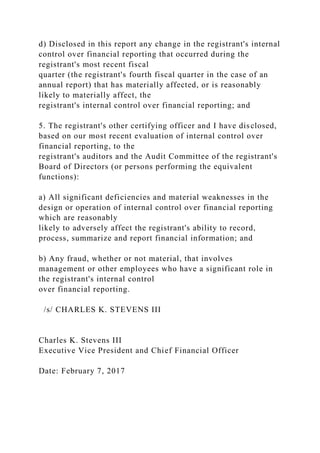 d) Disclosed in this report any change in the registrant's internal
control over financial reporting that occurred during the
registrant's most recent fiscal
quarter (the registrant's fourth fiscal quarter in the case of an
annual report) that has materially affected, or is reasonably
likely to materially affect, the
registrant's internal control over financial reporting; and
5. The registrant's other certifying officer and I have disclosed,
based on our most recent evaluation of internal control over
financial reporting, to the
registrant's auditors and the Audit Committee of the registrant's
Board of Directors (or persons performing the equivalent
functions):
a) All significant deficiencies and material weaknesses in the
design or operation of internal control over financial reporting
which are reasonably
likely to adversely affect the registrant's ability to record,
process, summarize and report financial information; and
b) Any fraud, whether or not material, that involves
management or other employees who have a significant role in
the registrant's internal control
over financial reporting.
/s/ CHARLES K. STEVENS III
Charles K. Stevens III
Executive Vice President and Chief Financial Officer
Date: February 7, 2017
 