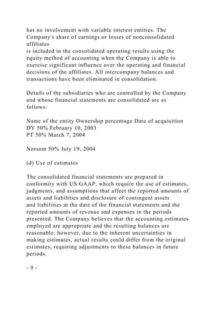 has no involvement with variable interest entities. The
Company's share of earnings or losses of nonconsolidated
affiliates
is included in the consolidated operating results using the
equity method of accounting when the Company is able to
exercise significant influence over the operating and financial
decisions of the affiliates. All intercompany balances and
transactions have been eliminated in consolidation.
Details of the subsidiaries who are controlled by the Company
and whose financial statements are consolidated are as
follows:
Name of the entity Ownership percentage Date of acquisition
DY 50% February 10, 2003
PT 50% March 7, 2004
Norsom 50% July 19, 2004
(d) Use of estimates
The consolidated financial statements are prepared in
conformity with US GAAP, which require the use of estimates,
judgments, and assumptions that affect the reported amounts of
assets and liabilities and disclosure of contingent assets
and liabilities at the date of the financial statements and the
reported amounts of revenue and expenses in the periods
presented. The Company believes that the accounting estimates
employed are appropriate and the resulting balances are
reasonable; however, due to the inherent uncertainties in
making estimates, actual results could differ from the original
estimates, requiring adjustments to these balances in future
periods.
- 9 -
 