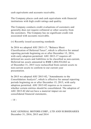 cash equivalents and accounts receivable.
The Company places cash and cash equivalents with financial
institutions with high credit ratings and quality.
The Company conducts credit evaluations of customers and
generally does not require collateral or other security from
the customers. The Company has no significant credit risk
associated with accounts receivable.
(v) Recently issued accounting standards
In 2016 we adopted ASU 2015-17, "Balance Sheet
Classification of Deferred Taxes", which is effective for annual
reporting periods beginning on or after December 15, 2016,
with early adoption permitted. ASU 2015-17 requires all
deferred tax assets and liabilities to be classified as non-current.
Deferred tax assets amounted to RMB 1,004,934,862 as
of December 31, 2015 were reclassified from current assets to
non-current assets to conform to our current year
presentation.
In 2015 we adopted ASU 2015-02, "Amendments to the
Consolidation Analysis", which is effective for annual reporting
periods beginning on or after December 15, 2015, with early
adoption permitted. ASU 2015-02 requires us to reassess
whether certain entities should be consolidated. The adoption of
ASU 2015-02 did not have a material impact on our
consolidated financial statements.
- 14 -
SAIC GENERAL MOTORS CORP., LTD AND SUBSIDIARIES
December 31, 2016, 2015 and 2014
 