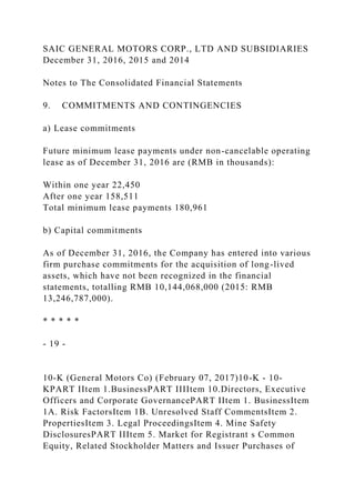 SAIC GENERAL MOTORS CORP., LTD AND SUBSIDIARIES
December 31, 2016, 2015 and 2014
Notes to The Consolidated Financial Statements
9. COMMITMENTS AND CONTINGENCIES
a) Lease commitments
Future minimum lease payments under non-cancelable operating
lease as of December 31, 2016 are (RMB in thousands):
Within one year 22,450
After one year 158,511
Total minimum lease payments 180,961
b) Capital commitments
As of December 31, 2016, the Company has entered into various
firm purchase commitments for the acquisition of long-lived
assets, which have not been recognized in the financial
statements, totalling RMB 10,144,068,000 (2015: RMB
13,246,787,000).
* * * * *
- 19 -
10-K (General Motors Co) (February 07, 2017)10-K - 10-
KPART IItem 1.BusinessPART IIIItem 10.Directors, Executive
Officers and Corporate GovernancePART IItem 1. BusinessItem
1A. Risk FactorsItem 1B. Unresolved Staff CommentsItem 2.
PropertiesItem 3. Legal ProceedingsItem 4. Mine Safety
DisclosuresPART IIItem 5. Market for Registrant s Common
Equity, Related Stockholder Matters and Issuer Purchases of
 