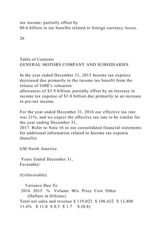 tax income; partially offset by
$0.6 billion in tax benefits related to foreign currency losses.
26
Table of Contents
GENERAL MOTORS COMPANY AND SUBSIDIARIES
In the year ended December 31, 2015 Income tax expense
decreased due primarily to the income tax benefit from the
release of GME's valuation
allowances of $3.9 billion; partially offset by an increase in
income tax expense of $1.8 billion due primarily to an increase
in pre-tax income.
For the year ended December 31, 2016 our effective tax rate
was 21%, and we expect the effective tax rate to be similar for
the year ending December 31,
2017. Refer to Note 16 to our consolidated financial statements
for additional information related to Income tax expense
(benefit).
GM North America
Years Ended December 31,
Favorable/
(Unfavorable)
Variance Due To
2016 2015 % Volume Mix Price Cost Other
(Dollars in billions)
Total net sales and revenue $ 119,022 $ 106,622 $ 12,400
11.6% $ 11.0 $ 0.5 $ 1.7 $ (0.8)
 