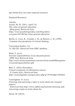apa format here are some required resources
Required Resources
Articles
Austin, M. W. (2011, April 13).
The value of general education
[Blog post]. Retrieved from
https://www.psychologytoday.com/blog/ethics-
everyone/201104/the-value-general-education
Bailin, S., Case, R., Coombs, J. R., & Daniels, L. B. (1999).
Common misconceptions of critical thinking
.
Curriculum Studies, 31(
3), 269-283. Retrieved from ERIC database.
Beed, T. (n.d.).
Societal responsibilities of an educated person
[PDF file]. Retrieved from
http://www.newaccountantusa.com/newsFeat/wealthManagemen
t/societalresponsibilities.pdf
Bell, C. (2014, December).
Critical evaluation of information sources
. P. Frantz (Ed.). Retrieved from
http://researchguides.uoregon.edu/c.php?g=391014&p=2656661
Cunningham, N. (n.d.).
Choosing and narrowing a topic to write about (for research
papers)
. Retrieved from http://www.sophia.org/tutorials/choosing-and-
narrowing-a-topic-to-write-about-for
Dowd, M. (2015).
 