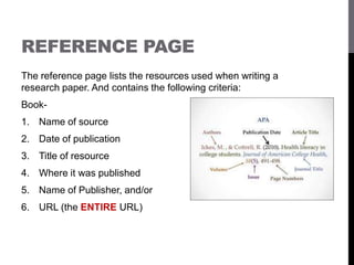 REFERENCE PAGE
The reference page lists the resources used when writing a
research paper. And contains the following criteria:
Book-
1. Name of source
2. Date of publication
3. Title of resource
4. Where it was published
5. Name of Publisher, and/or
6. URL (the ENTIRE URL)
 