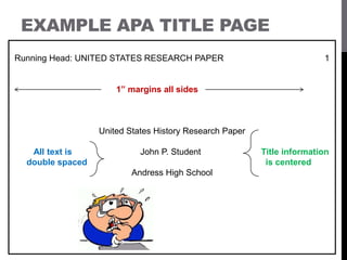 EXAMPLE APA TITLE PAGE
Running Head: UNITED STATES RESEARCH PAPER 1
1” margins all sides
United States History Research Paper
All text is John P. Student Title information
double spaced is centered
Andress High School
 