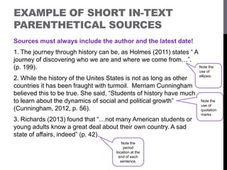 EXAMPLE OF SHORT IN-TEXT
PARENTHETICAL SOURCES
Sources must always include the author and the latest date!
1. The journey through history can be, as Holmes (2011) states “ A
journey of discovering who we are and where we come from…”.
(p. 199).
2. While the history of the Unites States is not as long as other
countries it has been fraught with turmoil. Merriam Cunningham
believed this to be true. She said, “Students of history have much
to learn about the dynamics of social and political growth”
(Cunningham, 2012, p. 56).
3. Richards (2013) found that “…not many American students or
young adults know a great deal about their own country. A sad
state of affairs, indeed” (p. 42).
Note the
period
location at the
end of each
sentence,
Note the
use of
quotation
marks
Note the
use of
ellipsis.
 