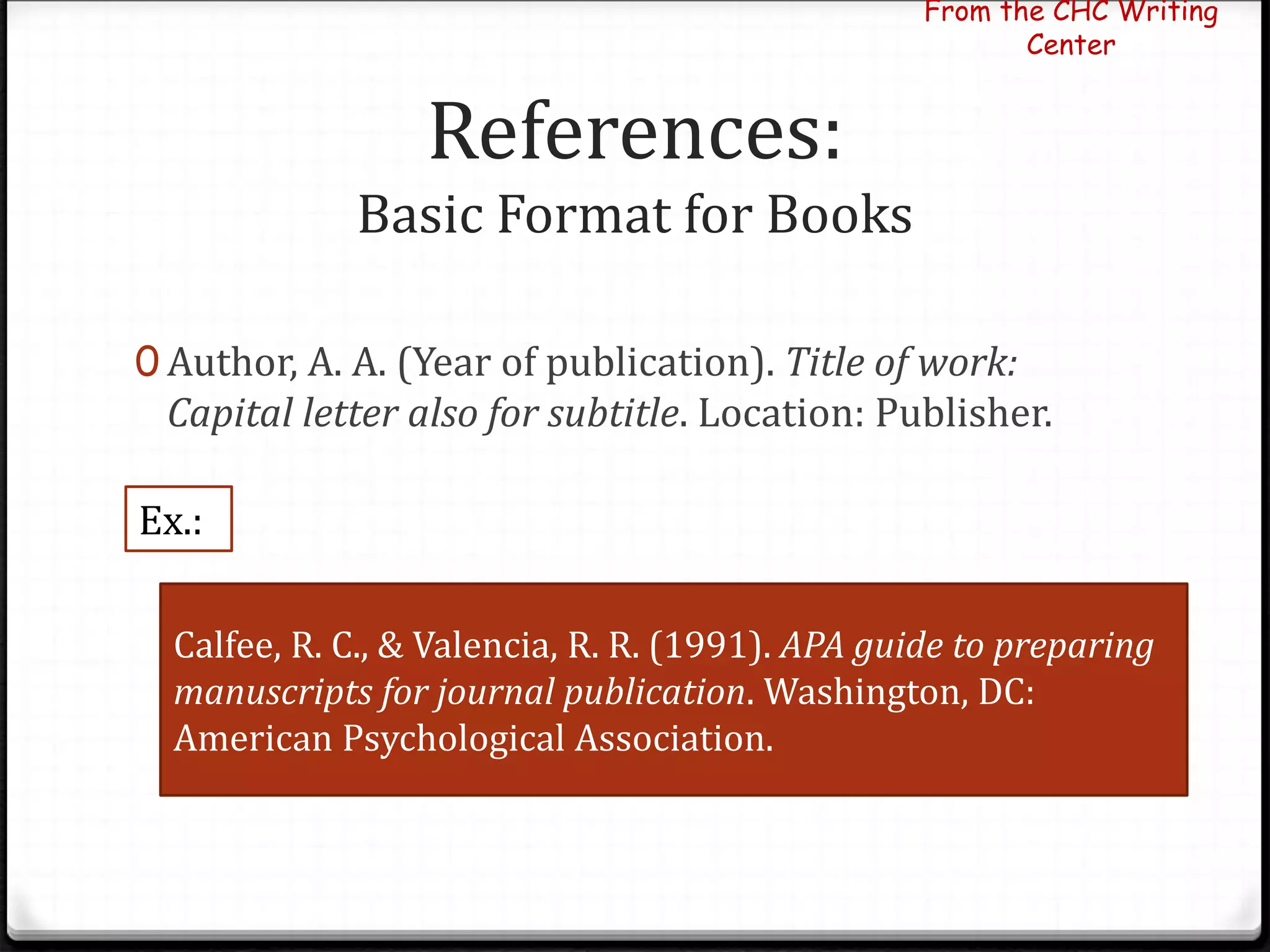 References:
Basic Format for Books
0 Author, A. A. (Year of publication). Title of work:
Capital letter also for subtitle. Location: Publisher.
From the CHC Writing
Center
Calfee, R. C., & Valencia, R. R. (1991). APA guide to preparing
manuscripts for journal publication. Washington, DC:
American Psychological Association.
Ex.:
 