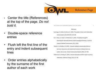• Center the title (References)
at the top of the page. Do not
bold it.
• Double-space reference
entries
• Flush left the first line of the
entry and indent subsequent
lines
• Order entries alphabetically
by the surname of the first
author of each work
Reference Page
 
