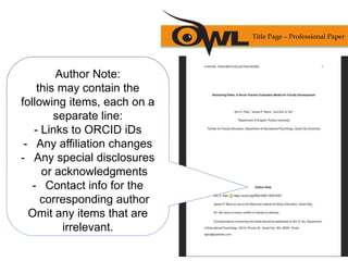 Author Note:
this may contain the
following items, each on a
separate line:
- Links to ORCID iDs
- Any affiliation changes
- Any special disclosures
or acknowledgments
- Contact info for the
corresponding author
Omit any items that are
irrelevant.
Title Page – Professional Paper
 