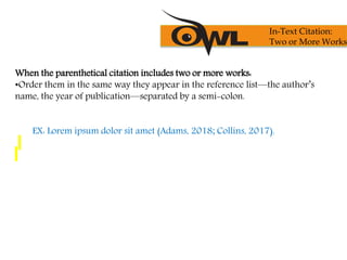 When the parenthetical citation includes two or more works:
•Order them in the same way they appear in the reference list—the author’s
name, the year of publication—separated by a semi-colon.
EX: Lorem ipsum dolor sit amet (Adams, 2018; Collins, 2017).
In-Text Citation:
Two or More Works
 