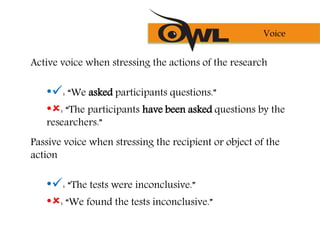Active voice when stressing the actions of the research
•: “We asked participants questions.”
•: “The participants have been asked questions by the
researchers.”
Voice
Passive voice when stressing the recipient or object of the
action
•: “The tests were inconclusive.”
•: “We found the tests inconclusive.”
 