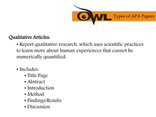 Qualitative Articles:
• Report qualitative research, which uses scientific practices
to learn more about human experiences that cannot be
numerically quantified.
• Includes:
• Title Page
• Abstract
• Introduction
• Method
• Findings/Results
• Discussion
Types of APA Papers
 
