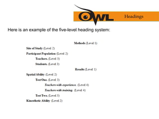 Here is an example of the five-level heading system:
Headings
 
