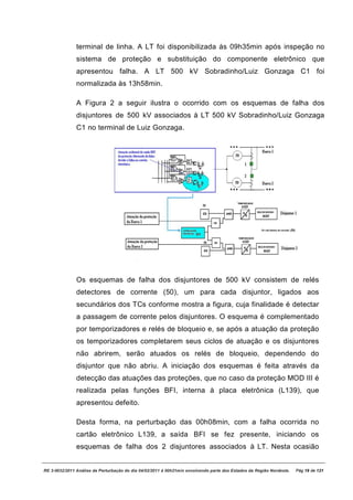 terminal de linha. A LT foi disponibilizada às 09h35min após inspeção no
               sistema de proteção e substituição do componente eletrônico que
               apresentou falha. A LT 500 kV Sobradinho/Luiz Gonzaga C1 foi
               normalizada às 13h58min.

               A Figura 2 a seguir ilustra o ocorrido com os esquemas de falha dos
               disjuntores de 500 kV associados à LT 500 kV Sobradinho/Luiz Gonzaga
               C1 no terminal de Luiz Gonzaga.




               Os esquemas de falha dos disjuntores de 500 kV consistem de relés
               detectores de corrente (50), um para cada disjuntor, ligados aos
               secundários dos TCs conforme mostra a figura, cuja finalidade é detectar
               a passagem de corrente pelos disjuntores. O esquema é complementado
               por temporizadores e relés de bloqueio e, se após a atuação da proteção
               os temporizadores completarem seus ciclos de atuação e os disjuntores
               não abrirem, serão atuados os relés de bloqueio, dependendo do
               disjuntor que não abriu. A iniciação dos esquemas é feita através da
               detecção das atuações das proteções, que no caso da proteção MOD III é
               realizada pelas funções BFI, interna à placa eletrônica (L139), que
               apresentou defeito.

               Desta forma, na perturbação das 00h08min, com a falha ocorrida no
               cartão eletrônico L139, a saída BFI se fez presente, iniciando os
               esquemas de falha dos 2 disjuntores associados à LT. Nesta ocasião


RE 3-0032/2011 Análise da Perturbação do dia 04/02/2011 à 00h21min envolvendo parte dos Estados da Região Nordeste.   Pág 19 de 121
 
