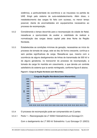sistêmica, a particularidade da ocorrência e ao insucesso na partida da
               UHE Xingó pelo sistema de auto-restabelecimento. Além disso, o
               restabelecimento das cargas foi feito com sucesso, no menor tempo
               possível, diante de anormalidades em equipamentos necessários ao
               processo de recomposição.

5.5.2          Considerando o tempo decorrido para a recomposição da cidade de Natal,
               ressalta-se a oportunidade de avaliar a viabilidade de realizar a
               normalização das cargas dessa capital pela área Norte da Região
               Nordeste.

5.5.3          Estabelecidas as condições mínimas de geração, necessárias ao início do
               processo de tomada de carga, este se deu de forma crescente, contínua e
               sem perdas significativas de carga. Ressalta-se que, mesmo com a
               ocorrência de alguns desligamentos de linhas de transmissão de 500 kV e
               de alguns geradores, no transcorrer do processo de recomposição, a
               tomada de carga foi mantida em crescimento, o que denota um controle
               satisfatório do sistema que ia sendo reintegrado, conforme figura 6 abaixo.

               Figura 6 – Carga da Região Nordeste (sem Maranhão).

                                     Carga da Região Nordeste (sem Maranhão)
                          10000

                           9000                                                                    Natal
                           8000                                                 Maceió
                                                             Recife                      Aracaju
                           7000

                           6000       Fortaleza                       João Pessoa
                   (MW)




                           5000                   Salvador

                           4000

                           3000                                                                    Liberação tomada
                                                                                                    de carga restante
                           2000

                           1000

                              0
                              00:00 00:30 01:00 01:30 02:00 02:30 03:00 03:30 04:00 04:30 05:00 05:30 06:00 06:30 07:00




5.5.4          O processo de recomposição pode ser compreendido em 2 partes:

5.5.4.1        Parte 1 – Reenergização da LT 500kV Sobradinho/Luiz Gonzaga C1:

               Com o desligamento da LT 500 kV Sobradinho / Luiz Gonzaga C1 (05C3)



RE 3-0032/2011 Análise da Perturbação do dia 04/02/2011 à 00h21min envolvendo parte dos Estados da Região Nordeste.     Pág 32 de 121
 