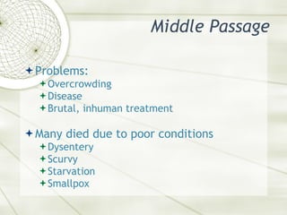 Middle Passage <ul><li>Problems: </li></ul><ul><ul><li>Overcrowding </li></ul></ul><ul><ul><li>Disease </li></ul></ul><ul>...