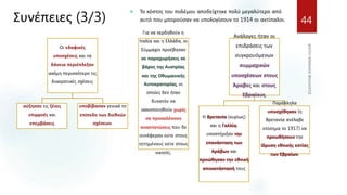 44
Συνέπειες (3/3)
 Το κόστος του πολέμου αποδείχτηκε πολύ μεγαλύτερο από
αυτό που μπορούσαν να υπολογίσουν το 1914 οι αντίπαλοι.
Οι εδαφικές
υποσχέσεις και τα
δάνεια περιέπλεξαν
ακόμη περισσότερο τις
διακρατικές σχέσεις
αύξησαν τις ξένες
επιρροές και
επεμβάσεις
υποβίβασαν γενικά το
επίπεδο των διεθνών
σχέσεων.
Για να κερδηθούν η
Ιταλία και η Ελλάδα, οι
Σύμμαχοι προέβησαν
σε παραχωρήσεις σε
βάρος της Αυστρίας
και της Οθωμανικής
Αυτοκρατορίας, οι
οποίες δεν ήταν
δυνατόν να
ικανοποιηθούν χωρίς
να προκαλέσουν
αναστατώσεις που δε
συνέφεραν ούτε στους
ηττημένους ούτε στους
νικητές.
Ανάλογες ήταν οι
επιδράσεις των
συγκρουόμενων
συμμαχικών
υποσχέσεων στους
Άραβες και στους
Εβραίους.
Η Βρετανία (κυρίως)
και η Γαλλία,
υποστήριξαν την
επανάσταση των
Αράβων και
προώθησαν την εθνική
αποκατάστασή τους
Παράλληλα
υποσχέθηκαν (η
Βρετανία ανέλαβε
επίσημα το 1917) να
προωθήσουν την
ίδρυση εθνικής εστίας
των Εβραίων.
 