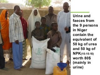 Urine and
faeces from
the 9 persons
in Niger
contain the
equivalent of
50 kg of urea
and 50 kg of
NPK(15:15:15)
worth 80$
(mainly in
urine)
 