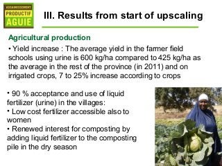 III. Results from start of upscaling

Agricultural production
• Yield increase : The average yield in the farmer field
schools using urine is 600 kg/ha compared to 425 kg/ha as
the average in the rest of the province (in 2011) and on
irrigated crops, 7 to 25% increase according to crops

• 90 % acceptance and use of liquid
fertilizer (urine) in the villages:
• Low cost fertilizer accessible also to
women
• Renewed interest for composting by
adding liquid fertilizer to the composting
pile in the dry season
 