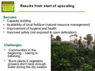 Results from start of upscaling


Success:
• Capacity building
• Availability of local fertilizer (natural resource management)
• Improvement of hygiene and health
• Improved safety (not exposed to open defecation)



Challenges:
•    Communities in the
    beginning – seeing is
    believing
•    Burnt plants if vegetable
    growers don’t have enough
    water during the dry season
 
