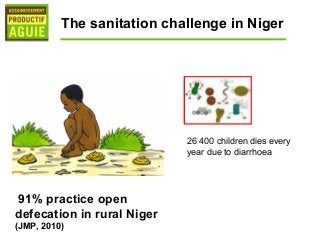 The sanitation challenge in Niger




                            26 400 children dies every
                            year due to diarrhoea




91% practice open
defecation in rural Niger
(JMP, 2010)
 