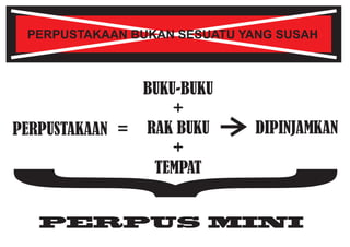 PERPUSTAKAAN BUKAN SESUATU YANG SUSAH



               BUKU-BUKU
                   +
PERPUSTAKAAN = RAK BUKU       DIPINJAMKAN
                   +
                TEMPAT




{  PERPUS MINI
 