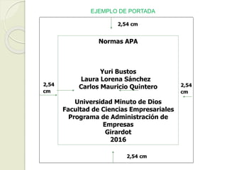 2,54
cm
2,54 cm
2,54
cm
2,54 cm
Normas APA
Yuri Bustos
Laura Lorena Sánchez
Carlos Mauricio Quintero
Universidad Minuto de Dios
Facultad de Ciencias Empresariales
Programa de Administración de
Empresas
Girardot
2016
EJEMPLO DE PORTADA
 