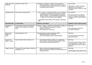 Article from Curtin   (Davidhizar & Dowd, 1997)                       Davidhizar, R., & Dowd, S. B. (1997). The art of giving an         Journal Article
E-Reserve                                                                  effective presentation. Health Care Supervisor, 15(3), 25-
                                                                           31. Retrieved October 16, 2002, from Curtin University of     (put October 16, 2002 in the Access
                                                                           Technology Library E-Reserve.                                  Date field, Curtin University of
                                                                                                                                         Technology Library E-Reserve in Type
                                                                                                                                          of Article.)

Cochrane Review       (Bunn, Byrne & Kendall, 2004)                    Bunn, F., Byrne, G., & Kendall, S. (2004, July 19). Telephone     Journal Article
                                                                          consultation and triage: Effects on health care use and
                                                                          patient satisfaction. Cochrane Database of Systematic          (put 2004, July 19 in the Year field,
                                                                          Reviews, 2004(3), Article CD004180. Retrieved February          Cochrane Database of Systematic
                                                                          11, 2005, from The Cochrane Library Database.                   Reviews in Journal, Article CD004180
                                                                                                                                          in Pages.)
                                                                       * This example was provided by APA Journals in September
                                                                       2006.

World Wide Web        In-Text Example                                 Reference List Example                                             EndNote X1 (which reference type?)

Document on           “It’s essential you learn how to reference”     Dawson, J., Smith, L., Deubert, K., & Grey-Smith, S. (2002). ‘S’   Web Page
WWW                   (Dawson, Smith, Deubert & Grey-Smith,              Trek 6: Referencing, not plagiarism. Retrieved
                      2002).                                             October 31, 2002, from                                          (use Access Date & URL fields
                                                                         http://studytrekk.lis.curtin.edu.au/                            for retrieved statement)


Document on           (Leafy Seadragons, 2001)                        Leafy seadragons and weedy seadragons. (2001).                     Web Page
WWW – No                                                                   Retrieved November 13, 2002, from
author                                                                     http://www.windspeed.net.au/~jenny/seadragons/                (use Access Date & URL fields for
                                                                                                                                         retrieved statement)

Document on           (Royal Institute of British Architects, n.d.)        Royal Institute of British Architects (n.d.). Shaping the     Web Page
WWW – No date                                                              future: Careers in architecture. Retrieved May 31, 2005,
                                                                           from http://www.careersinarchitecture.net/                    (put Royal Institute of British Architects
                                                                                                                                         in the Author field, n.d. inYear, use
                                                                                                                                         Access Date & URL fields for retrieved
                                                                                                                                         statement

Image on the web      The image of the wasp (Wasps, hornets and            Wasps, hornets and yellowjackets [Image] (n.d.).              Web Page
                      yellowjackets, n.d.)                                 Retrieved November 28, 2005, from http://www.laters.com/
                                                                           insects/hornets.htm                                           Type [Image] manually after the title.




                                                                                                                                                                        7 of 11
 