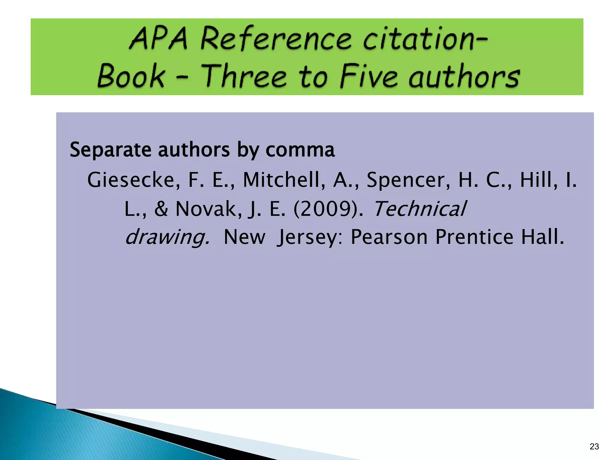 Separate authors by comma
Giesecke, F. E., Mitchell, A., Spencer, H. C., Hill, I.
L., & Novak, J. E. (2009). Technical
drawing. New Jersey: Pearson Prentice Hall.
23
 