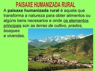A paisaxe humanizada rural é aquela que
transforma a natureza para obter alimentos ou
algúns bens necesarios e onde os elementos
principais son as terras de cultivo, prados,terras de cultivo, prados,
bosquesbosques
e vivendas.e vivendas.
 