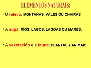 • O relevo: MONTAÑAS, VALES OU CHAIRAS
• A auga: RÍOS, LAGOS, LAGOAS OU MARES.
• A vexetación e a fauna: PLANTAS e ANIMAIS.
 