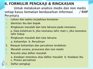 6. FORMULIR PENGKAJI & RINGKASAN
Untuk melakukan analisis medis dan non medis
setiap kasus kematian berdasarkan informasi / RMP
Perantara
1. Lokasi dan waktu terjadinya kematian
2. Identitas ibu dan bapak
3. Ringkasan masalah dan tata laksana pada neonatus
a. Data kelahiran b. Jika neonatus lahir mati c. Jika neonatus
lahir hidup
4. Ringkasan masalah dan tata laksana
a. Kehamilan b. Persalinan
5. Riwayat kehamilan dan persalinan terdahulu
6. Masalah sarana, prasarana dan non medis
7. Resume atau daftar masalah
a. Keadaan neonatus atau daftar masalah b. Keadaan ibu
c. Proses persalinan
6. Daftar pengkaji
 