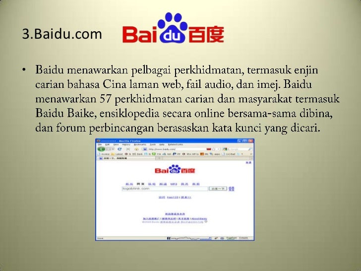 3.Baidu.com     <br />Baidumenawarkanpelbagaiperkhidmatan, termasukenjincarianbahasaCinalaman web, fail audio, danimej. Ba...