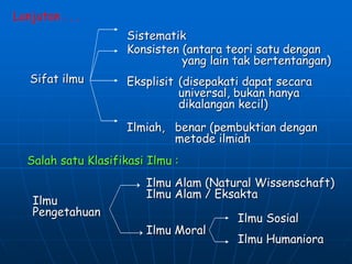 Lanjutan . . .
Sistematik
Ilmiah, benar (pembuktian dengan
metode ilmiah
Sifat ilmu
Konsisten (antara teori satu dengan
yang lain tak bertentangan)
Eksplisit (disepakati dapat secara
universal, bukan hanya
dikalangan kecil)
Salah satu Klasifikasi Ilmu :
Ilmu
Pengetahuan
Ilmu Alam (Natural Wissenschaft)
Ilmu Alam / Eksakta
Ilmu Moral
Ilmu Sosial
Ilmu Humaniora
 