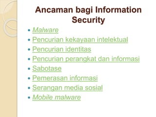 Ancaman bagi Information
Security
 Malware
 Pencurian kekayaan intelektual
 Pencurian identitas
 Pencurian perangkat dan informasi
 Sabotase
 Pemerasan informasi
 Serangan media sosial
 Mobile malware
 