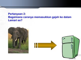 Pertanyaan 2:
Bagaimana caranya memasukkan gajah ke dalam
Lemari es?
 