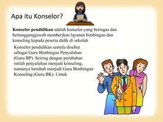 Apa itu Konselor?
Konselor pendidikan adalah konselor yang bertugas dan
bertanggungjawab memberikan layanan bimbingan dan
konseling kepada peserta didik di sekolah
Konselor pendidikan semula disebut
sebagai Guru Bimbingan Penyuluhan
(Guru BP). Seiring dengan perubahan
istilah penyuluhan menjadi konseling,
namanya berubah menjadi Guru Bimbingan
Konseling (Guru BK). Untuk
 