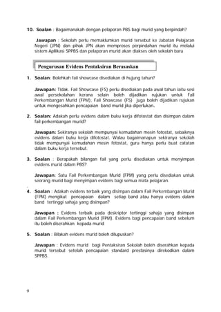 10. Soalan : Bagaimanakah dengan pelaporan PBS bagi murid yang berpindah?

     Jawapan : Sekolah perlu memaklumkan murid tersebut ke Jabatan Pelajaran
    Negeri (JPN) dan pihak JPN akan memproses perpindahan murid itu melalui
    sistem Apllikasi SPPBS dan pelaporan murid akan diakses oleh sekolah baru


     Pengurusan Evidens Pentaksiran Berasaskan

1. Soalan: Bolehkah fail showcase disediakan di hujung tahun?

    Jawapan: Tidak. Fail Showcase (FS) perlu disediakan pada awal tahun iaitu sesi
    awal persekolahan kerana selain boleh dijadikan rujukan untuk Fail
    Perkembangan Murid (FPM), Fail Showcase (FS) juga boleh dijadikan rujukan
    untuk mengesahkan pencapaian band murid jika diperlukan.

2. Soalan: Adakah perlu evidens dalam buku kerja difotostat dan disimpan dalam
   fail perkembangan murid?

    Jawapan: Sekiranya sekolah mempunyai kemudahan mesin fotostat, sebaiknya
    evidens dalam buku kerja difotostat. Walau bagaimanapun sekiranya sekolah
    tidak mempunyai kemudahan mesin fotostat, guru hanya perlu buat catatan
    dalam buku kerja tersebut.

3. Soalan : Berapakah bilangan fail yang perlu disediakan untuk menyimpan
   evidens murid dalam PBS?

    Jawapan: Satu Fail Perkembangan Murid (FPM) yang perlu disediakan untuk
    seorang murid bagi menyimpan evidens bagi semua mata pelajaran.
.
4. Soalan : Adakah evidens terbaik yang disimpan dalam Fail Perkembangan Murid
   (FPM) mengikut pencapaian dalam setiap band atau hanya evidens dalam
   band tertinggi sahaja yang disimpan?

    Jawapan : Evidens terbaik pada deskriptor tertinggi sahaja yang disimpan
    dalam Fail Perkembangan Murid (FPM). Evidens bagi pencapaian band sebelum
    itu boleh diserahkan kepada murid

5. Soalan : Bilakah evidens murid boleh dilupuskan?

    Jawapan : Evidens murid bagi Pentaksiran Sekolah boleh diserahkan kepada
    murid tersebut setelah pencapaian standard prestasinya direkodkan dalam
    SPPBS.




9
 