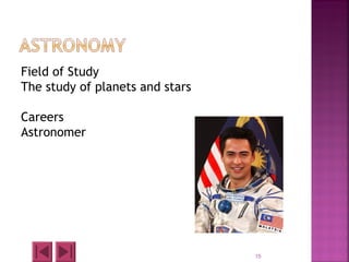 Field of Study
The study of planets and stars
Careers
Astronomer
15
 
