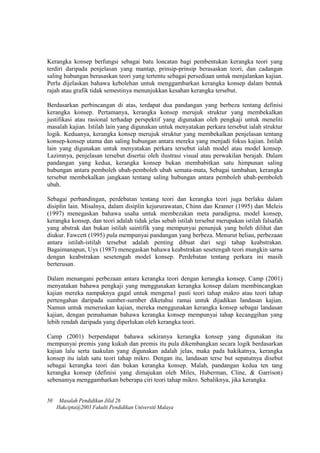 Kerangka konsep berfungsi sebagai batu loncatan bagi pembentukan kerangka teori yang
terdiri daripada penjelasan yang mantap, prinsip-prinsip berasaskan teori, dan cadangan
saling hubungan berasaskan teori yang tertentu sebagai persediaan untuk menjalankan kajian.
Perlu dijelaskan bahawa kebolehan untuk menggambarkan kerangka konsep dalam bentuk
rajah atau grafik tidak semestinya menunjukkan kesahan kerangka tersebut.
Berdasarkan perbincangan di atas, terdapat dua pandangan yang berbeza tentang definisi
kerangka konsep. Pertamanya, kerangka konsep merujuk struktur yang membekalkan
justifikasi atau rasional terhadap perspektif yang digunakan oleh pengkaji untuk meneliti
masalah kajian. Istilah lain yang digunakan untuk menyatakan perkara tersebut ialah struktur
logik. Keduanya, kerangka konsep merujuk struktur yang membekalkan penjelasan tentang
konsep-konsep utama dan saling hubungan antara mereka yang menjadi fokus kajian. Istilah
lain yang digunakan untuk menyatakan perkara tersebut ialah model atau model konsep.
Lazimnya, penjelasan tersebut disertai oleh ilustrasi visual atau perwakilan berajah. Dalam
pandangan yang kedua, kerangka konsep bukan membabitkan satu himpunan saling
hubungan antara pemboleh ubah-pemboleh ubah semata-mata, Sebagai tambahan, kerangka
tersebut membekalkan jangkaan tentang saling hubungan antara pemboleh ubah-pemboleh
ubah.
Sebagai perbandingan, perdebatan tentang teori dan kerangka teori juga berlaku dalam
disiplin lain. Misalnya, dalam disiplin kejururawatan, Chinn dan Kramer (1995) dan Meleis
(1997) menegaskan bahawa usaha untuk membezakan meta paradigma, model konsep,
kerangka konsep, dan teori adalah tidak jelas sebab istilah tersebut merupakan istilah falsafah
yang abstrak dan bukan istilah saintifik yang mempunyai penunjuk yang boleh dilihat dan
diukur. Fawcett (1995) pula mempunyai pandangan yang berbeza. Menurut beliau, perbezaan
antara istilah-istilah tersebut adalah penting dibuat dari segi tahap keabstrakan.
Bagaimanapun, Uys (1987) menegaskan bahawa keabstrakan sesetengah teori mungkin sarna
dengan keabstrakan sesetengah model konsep. Perdebatan tentang perkara ini masih
berterusan.
Dalam menangani perbezaan antara kerangka teori dengan kerangka konsep, Camp (2001)
menyatakan bahawa pengkaji yang menggunakan kerangka konsep dalam membincangkan
kajian mereka nampaknya gagal untuk mengena1 pasti teori tahap makro atau teori tahap
pertengahan daripada sumber-surnber diketahui ramai untuk dijadikan landasan kajian.
Namun untuk meneruskan kajian, mereka menggunakan kerangka konsep sebagai landasan
kajian, dengan pemahaman bahawa kerangka konsep mempunyai tahap kecanggihan yang
lebih rendah daripada yang diperlukan oleh kerangka teori.
Camp (2001) berpendapat bahawa sekiranya kerangka konsep yang digunakan itu
mempunyai premis yang kukuh dan premis itu pula dikembangkan secara logik berdasarkan
kajian lalu serta taakulan yang digunakan adalah jelas, maka pada hakikatnya, kerangka
konsep itu ialah satu teori tahap mikro. Dengan itu, landasan terse but sepatutnya disebut
sebagai kerangka teori dan bukan kerangka konsep. Malah, pandangan kedua ten tang
kerangka konsep (definisi yang dimajukan oleh Miles, Huberman, Cline, & Garrison)
sebenamya menggambarkan beberapa ciri teori tahap mikro. Sebaliknya, jika kerangka
50 Masalah Pendidikan Jilid 26
Hakcipta@2003 Fakulti Pendidikan Universiti Malaya
 